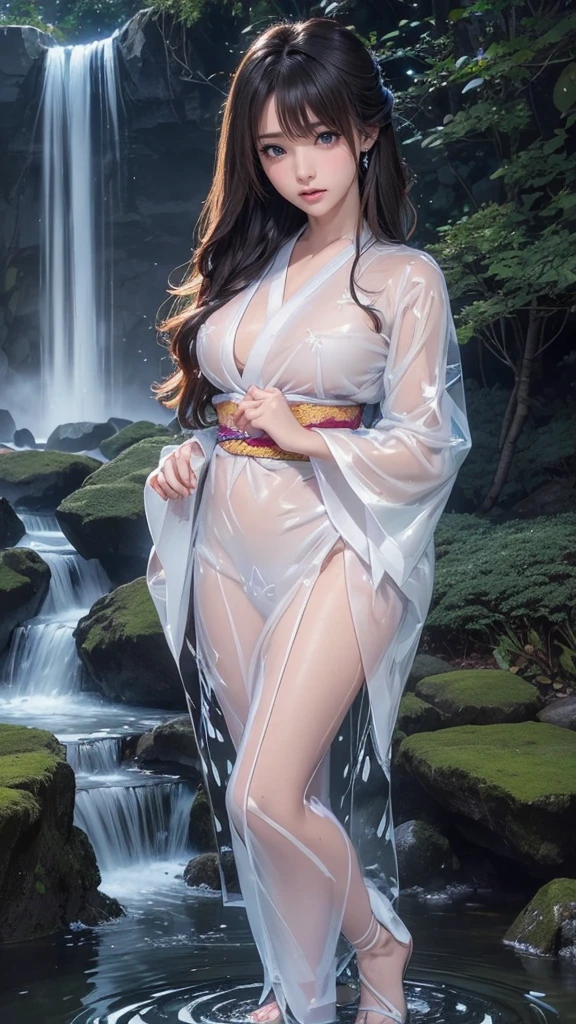 (((Standing in the middle of a waterfall on a moonlit night))),((beautiful woman standing in the middle of the pond:1)),((Beautiful half-naked woman in a beautiful waterfall basin)), ((Black Sexy Nightgown:1)), ((Sharp bewitching eyes))、((Obscene atmosphere))、(((See through Japanese nightgowns:1.3)))、((Japanese-style nightgown with a black base and yellow accents)), ((Kimono made of thin cloth wet with water:1)), pale skin、(Nipple bumps:1), (((1 girl in:1))), ((pale skin))、Melancholy beautiful face、Beautiful expression、Sexy face、Nipple bumps, (((Lower breast)))、(((Beautiful breasts ))), Beautiful 、Super fine face、Delicat eyes、(Double eyelids)、 (((1 Japan Woman)))、 Beautie, 20yr old,((See-through kimono)), (Show off by wearing Japanese revealing clothes), (nipples through), (see-through japanese nightgown), (Bottomless)