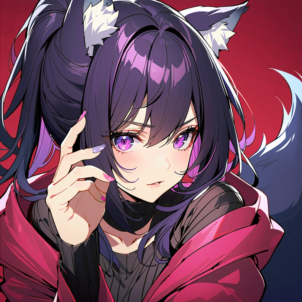 Young guy, pretty facial features, long dark purple hair, half gathered in messy ponytail, half loose, dangerous bright red eyes, black fit clothes with many jewels, fox ears and tail, mad smile