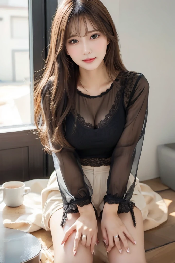 masterpiece, Highest quality，16k, Ultra-high resolution，The light and shadow of reality，Cinema Lenses，(Very skinny),(Very firm and beautiful breasts),((Her waist is slim and beautiful)),((Very small and firm beautiful ass)),((She has outstanding style)),(Pure white beautiful skin),((Large, clear, beautiful eyes)),((Her face is very small)),((Cute Japanese Girls)),((She is wearing a black lace miniskirt dress.)),((Sitting on a bench in a stylish cafe)),（Sexy pose),(Beautiful Eyes:1.1)，Reflecting clear eyes and a gentle smile,