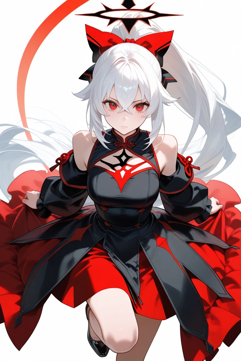 Girl with long white hair,, And red eyes,, It's dark and there's little light. She wore a white dress with gold accents., Her eyes were focused, Looking at the audience. , Her face is delicate and perfect, masterpiece, Top quality art. This image is an incredibly detailed 8K CG wallpaper., Featuring art film lighting,