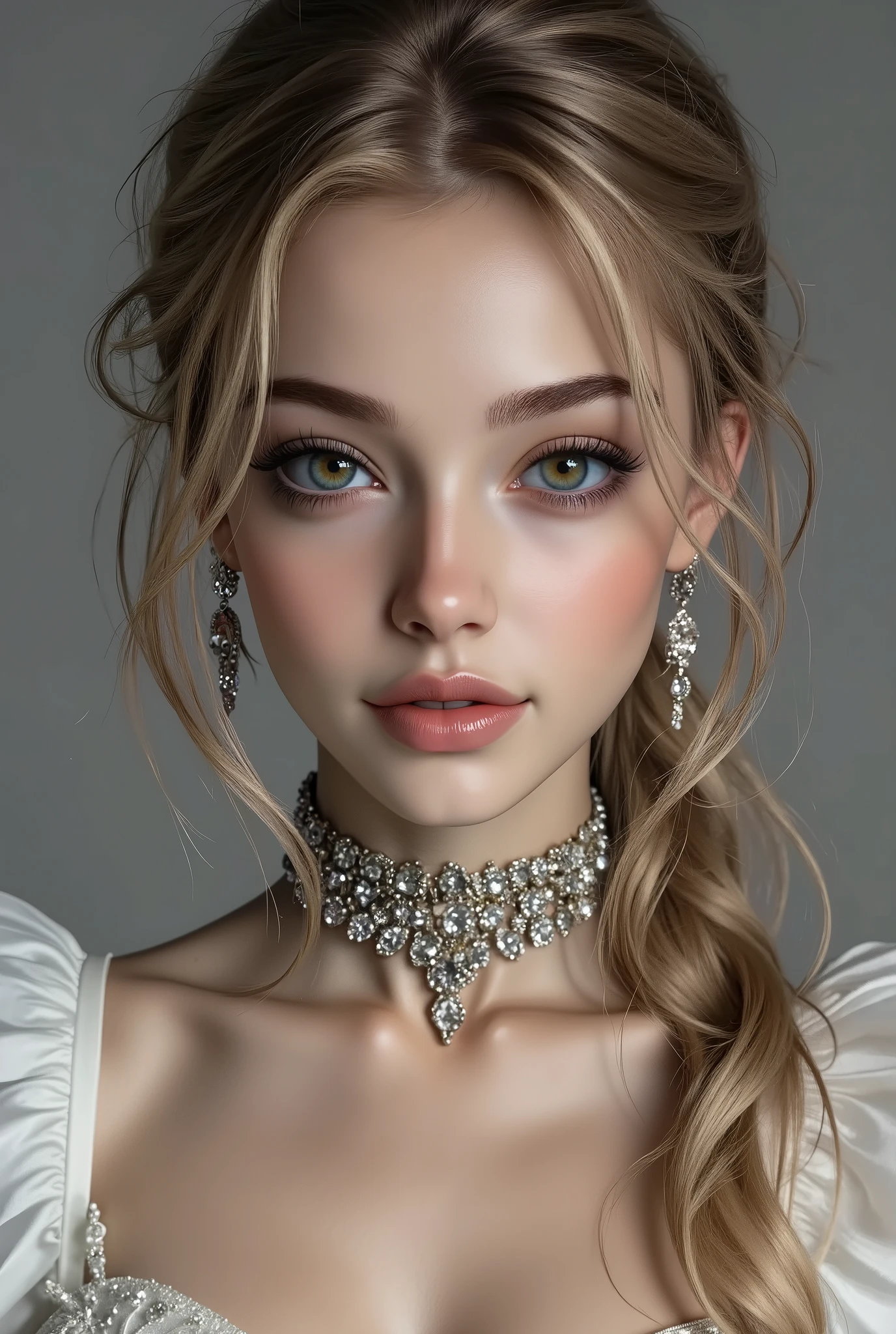  {{The bride shows off her outfit inspired by the gift of the goddess of debauchery and lust}}. [Style: "masterpiece, realistic, (photo realistic Realism), ultra-detailed, Hyper high resolution"] (Key Directive: - ("The priority is the anatomical accuracy and texture of the materials" - "Ultra-sharp human eyes with biological accuracy"), (ultra realistic texture details: velvety skin, hair), professional photography, (anatomically correct), (perfect female body:1.4), fashion model, ((best highest detailed realistic dark brown_eyes:1.3)), ((super realistic sharp-eyes:1.2)), (tired and sleepy and satisfied:0.0), perfect round eyes, (very detailed lips: 1.21) a fairytale-like picture , beautiful princess님, full body photo, A well-drawn fairy tale, beautiful princess, , a fairytale-like picture , Detailed description, A well-drawn fairy tale, Vivid expression , Detailed facial features, Luxurious Outfit, colorful jewelry, graceful posture, Fantastic Backgrounds, magical atmosphere, Sophisticated contrast treatment, Detailed texture expression, Precision drawn with expert craftsmanship, Vibrant colors, Detailed texture expression,(Rendering engine: "Unreal Engine 5 path tracing, 16K texture maps") ("Priority is anatomical accuracy and material texture") (front view,pov full body front shot),from above "