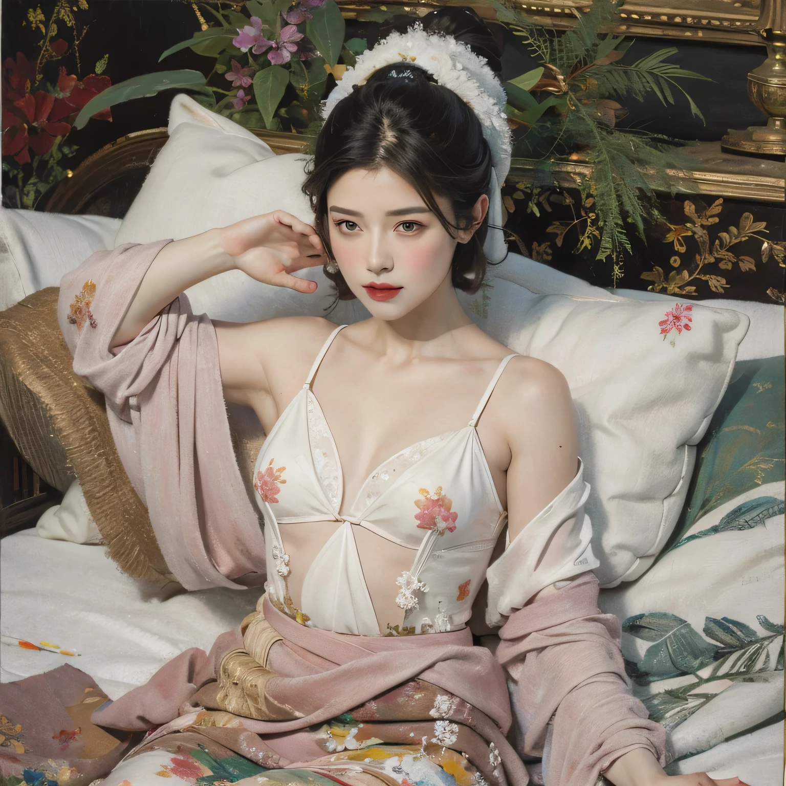  ((Shot in the knee)), ((from above)), ((satellite view)), ((Lying in bed)), (Ancient Bed), Antique, ((One hand playing with hair, Cover your chest with one hand)) Clear face, Pretty Face, 8K, masterpiece, original photo, best quality, detail:1.2,lifelike, detail, Very detailed, CG, Unity, wallpaper, Depth of Field, light, lens flare, Ray Tracing, (Extremely beautiful face, Beautiful lips, beautiful eyes), complicated, detail的脸, ((ultra detailed skin)), 1 girl, in the darkness, Deep Shadows, Beautiful Korean girl, Korean Idol,(Very slim figure:1.3), Full breasts, Large Breasts, Slender sexy legs, Very beautiful legs, Elegant Posture, (A bright smile), (City night, (Neon), (night), Beautiful Korean girl, White Diamond Earrings, Bracelet diameter, Deya Necklace, Clear eyes, (big eyes)  Lace Bikini