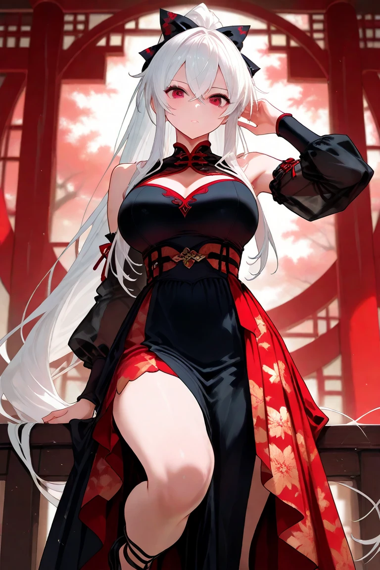 1 girl, anime, masterpiece, best quality, intricate details, futuristic setting, red and white hair, soft smirk, elegant, maid uniform, demon horns, bun, spiked bracelets, red lipstick, gothic aesthetic, tall, curvy, black sclera