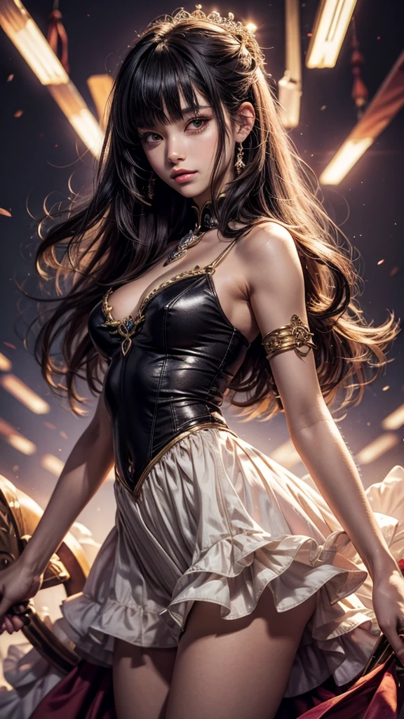 Draw a red neon dress after Zhou Shuyi's appearance、A gold belt is worn around the waist、Holding a precious sword、Heroine、mediuml breasts