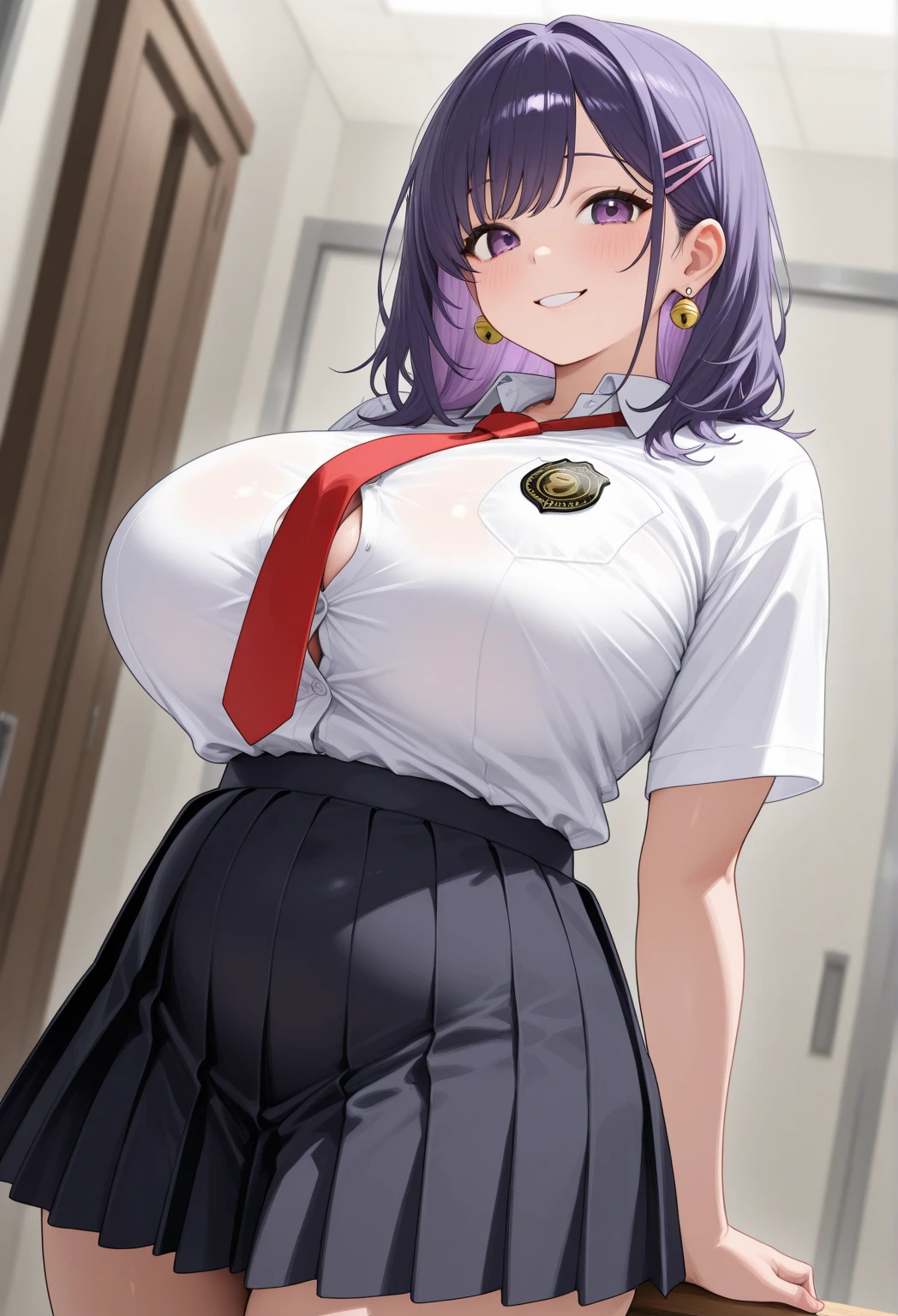 masterpiece, best quality, ultra detailed, art station, (full body in frame), 1girl, romanticism, solo, (detailed face), cute face, (((slim face))), ((sharp jawline)), blush:1.2, (heart shaped pupil:1.4), (((seductive smile:1.1))), gasp, steam, (big eyes), panic, flustered, wind swept hair, cute choker, black choker, bowtie, (((tight school uniform))), (((mini school uniform))), (cropped school unform), (((unbuttoned:1.3))), ((bikini:1.6)), medium large boobs, perky boobs, puffy , perky , cleavage visible, showing off cleavage, showing off midriff, (showing off belly), bloated belly, puffy belly, (muffin top belly:1.1), abs, slightly muscular abs, accurate belly button, accurate lower belly, (slim waist), (wide hips), (panty strings:1.1), (((thong strings:1.1))), (mini skirt), thick thighs, (muscular thighs:1.2), (muffin thighs:1.2), thigh highs, looking at viewer, (dutch angle:1.2), facing the viewer, out of focus background, blur background, (background in a school hallway:1.3), perverts, (dappling sunlight:1.3), (vibrant colours:1.2), bright colours, (((NSFW:1.2)))