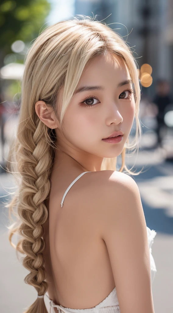 Tabletop, highest quality, figure, Very detailed, In detail, High resolution, 8k wallpaper,Sexy big 、A cute 21-year-old girl with a sexy and cute look, Beautiful and sexy face、The strong wind blows the hair in front of my face、Blonde French braids with cute and sexy eyes hidden by long bangs、Belly button exposed(1:1.8)、Colorful off-shoulder T-shirt、Colorful tulle mini skirt