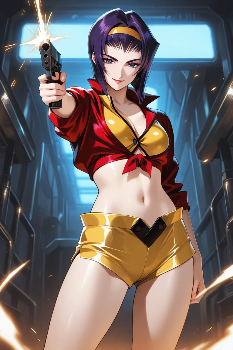 Yuri from The Dirty Pair, , wearing a tight outfit, skimpy, medium breast, (long hair), dark blue hair, long smooth hair, beauty, cyberpunk city background, holding retro space-gun, cleavage, slim waist, slim thighs, thigh gap, (light yellow uniform), show belly