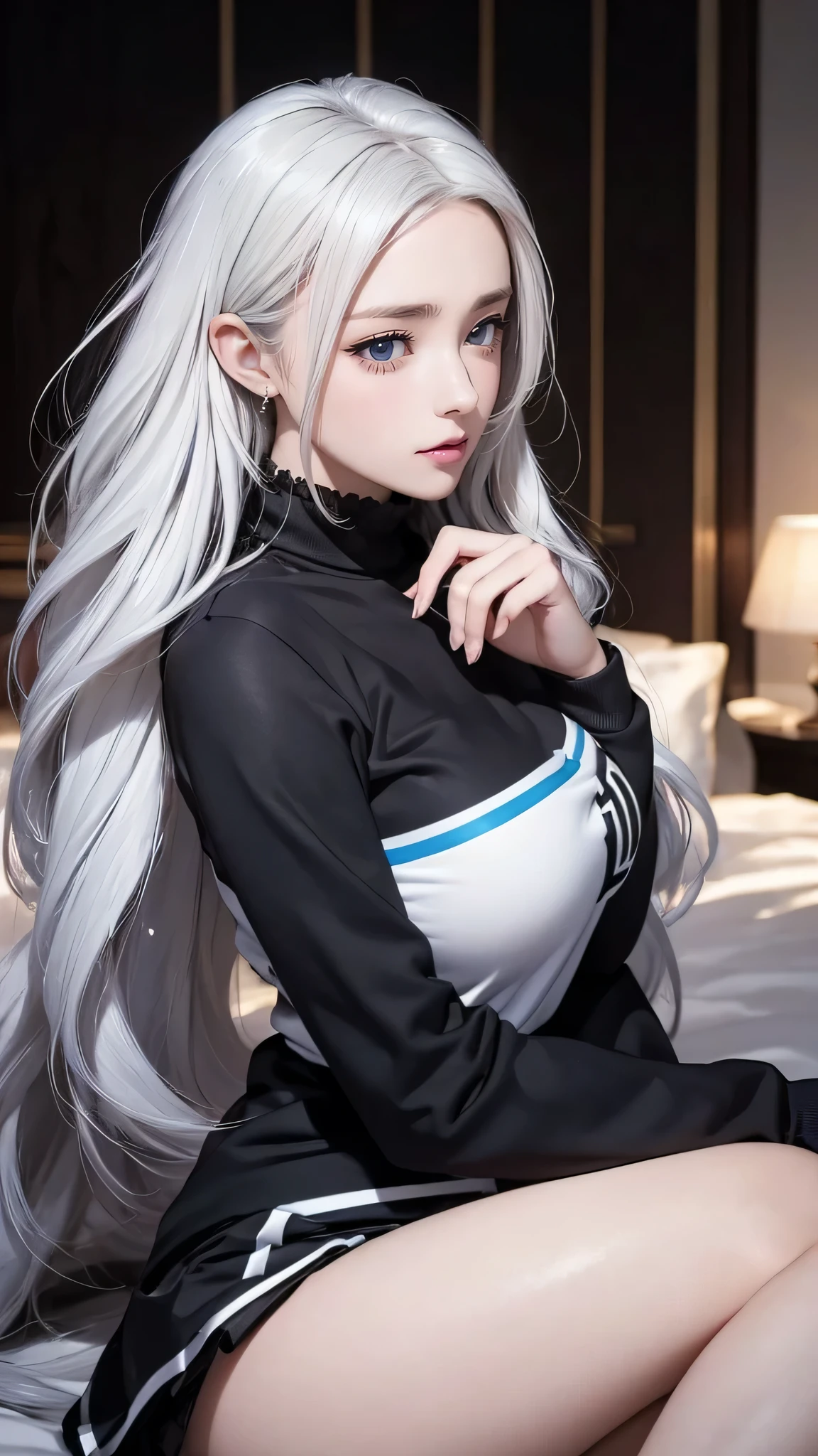 Character Details:, - Gender: 1 Girl.
- Style: Anime, - Body Type: Attractive body, nice body, nice legs, slim tights, nice arms, nice shoulders. - Breast: (Small Breast:1.2)- Facial Feature: Beautiful, Gorgeous, Teenager, Fresh, Young.
- Expression: Small smile, shy Look, (blue pink eyes). - Hairstyle: Blunt Bangs. - Hair Color: (White Grey Hair:1.5), (Straight and Wavy Long Hair:1.3),
- Clothing: (Jacket and Shirt, White, Black, Green Color, Open Sleeves, Can see shoulder:1.6, Laced Stocking.). - Body Pose: (Sitting on bed:1.3), (Hands down).. - Behaviour: Waiting, Want Something, Secretly.
- Accessories: Earrings, thin Black Headband, Green Hair Accessories, Environmental Details:, - Setting: Bed Room., - Lighting: Natural Light., - Decoration: Modern Bed, Chair, Window, White Curtain, City View. Top view. pov, anime style, UHD, retina, masterpiece, accurate, anatomically correct, textured skin. One Hand on cheek, one hand down.