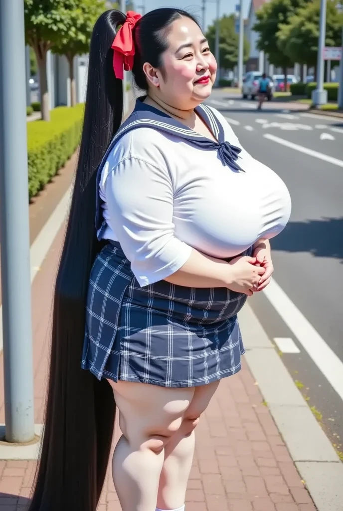 Maisie Williams, two girls, duo, 18 years old, schoolgirl outfit, red plaid skirt, mini skirt, white stockings, outside, sunny day, standing in front of school, rubbing belly, blushing, (blushing:1.5), big breasts, breast expansion, (breast expansion:1.5), huge breasts, (huge breasts:1.5), topless, no shirt, bare breasts, bare belly, lactating breasts, lactating, (lactating breasts:1.5), obese belly, (obese belly1.5), flabby belly, obese legs, obese arms, obese hips, thicc,