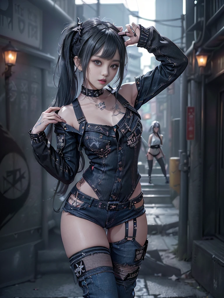 PERFECT MASTERPIECE, EXTREMELY DETAILED CG UNITY 32K UHD QUALITY RESOLUTION WALLPAPER, PHOTOREALISTIC, RAW PHOTO, PERFECT PHOTOGENIC CLARITY, OFFICIAL ART, AWARD-WINNING PORTRAIT, ULTRA HYPER-REALISTIC, ULTRA HYPER-DETAILED, SHINY REALISTIC SKIN, RAY TRACING, GLOWING AMBIENT LIGHT, The most beautiful and sexy gothic punk girl, (very short blue hair in a shaved mohawk gothic hairstyle:1.3) vibrant moonlight eyes, long detailed eyelashes, blushing, full pouting pink lips, (detailed gothic makeup:1.3) (super huge enormously gigantic nude tits and nipples exposed, nude hairy pussy exposed:1.3) (wearing highly detailed Harajuku-inspired gothic punk hoodie and school girl skirt with lots of straps zippers buckles and chains:1.3) tons of tattoos and piercings, looking back at the viewer, sitting arching her back in a sexy seductive slutty pose, close up pov camera view from below, cherry blossoms blowing in the wind, gothic cyber punk City background 