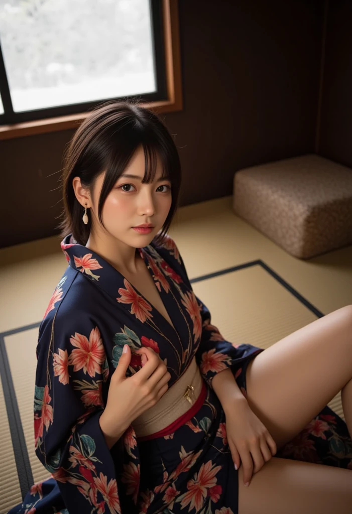 (8K、RAW Photography、top-quality、masterpiece:1.2)、(realisitic、Photorealsitic:1.37)、女の子1人、japanes、23years old、femele、during daytime、(Realistic, Photorealistic: 1.37), (Face Focus: 1.1), Cute face, ,sexy body,Slender eyes,dark brown hair、long hair bob cut、详细的脸、Detailed lips、detailedeyes、More skin、二重まぶた, large full breasts, garments(red kimono with transparent lace), Kindness, ( stand with legs spread apart, thighs thighs thighs thighs:1.2), Tiny micro bikini(red), Movie Lighting,hot onsen、shot from a low-angle