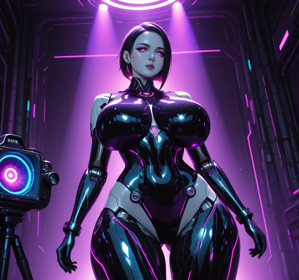 full body picture Unreal Engine 5 8K UHD of beautiful woman, white short hair, Wearing black and white tight futuristic latex spider woman cosplay, latex gloves, wearing purple glasses, earrings, Lip piercing, Modern city, highest quality, masterpiece, 8K UHD Wallpapers,masterpiece, highest quality, bondage, big breasts,, handcuffs, bondage_blindfold, temporarily stopped, ball_gag, restrained, Ahegao, stage
