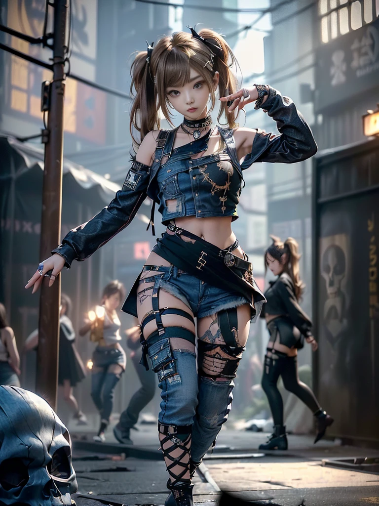 (Full body image:1.2)、(Side view:1.1)、(Smiling with teeth showing:1.3),(Shibuya Gal:1.5)、(Race Queen Costumes:1.4)、(Neo-Goth Fashion:1.4)、(Punk rock visual kei:1.4)、(Modern khaki short jacket, Turquoise and Charcoal:1.5)、(Tattered brown, Charcoal and navy denim bodysuit:1.5)、(Mustard yellow headband:1.3)、(Charcoal and khaki striped knee socks:1.4)、collar、White Long Boots、(We sell patterned underwear with logos.:1.4)、20-year-old、Browsing Caution,((Highest quality、In 8K、masterpiece:1.3))、Sharp focus:1.2、(Layered Cut、Huge boobs:1.1),Beautiful woman with perfect figure:1.4、(Doing an aerobics pose:1.3)、(Leg spread:1.3)、(Raise your arms:1.2)、(Open your legs:1.3)、Slim Abs:1.2、Butt、Highly detailed face and skin texture、Detailed eyes、double eyelid,(Twin tails:1.3)、(Brown-golden hair:1.3)、Dynamic pose、Obscene pose、Humiliating pose、Idol Sculpture、(A gorgeous and sunny fashion show stage:1.3)、(Slimming your legs:1.4)、(The body is slim:1.3)、(clavicle:1.1)