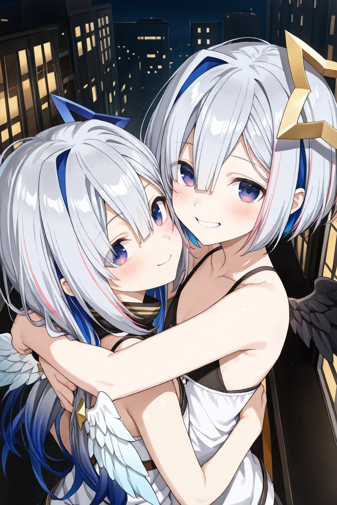 beautiful, masterpiece, Highest quality, anime, One girl, C Cup,Portrait Shot, View your viewers, Intricate details,>,((Covered、Short Hair、nearby、Blue Eyes、art、、White hair,Blue streaked hair、wallpaper、、white_gloves、hairpin、smile、、Angel、Nipples、Thighs、Halo、Wolf Hair、Saliva、beast pause、