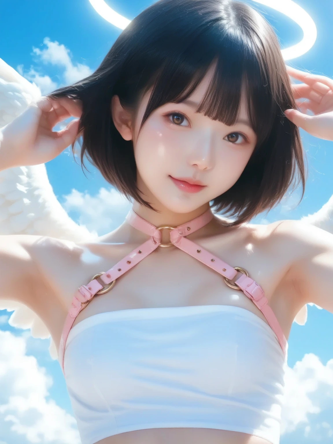 closeup shot , Best picture quality (8K, high resolution, Masterpiece: 1.2), super detailed,  215 Short Hair, 16-year-old woman, 

situation: On a white cloud、A woman in an angel costume is sitting gracefully。
clothing: White tulle dress、Golden Halo、White Feather Wings。
angle:
Close-up: The hands spreading their white wings、A calm and elegant expression in detail。
Detailed depiction: Fluffy clouds and、With blue sky in the background、Emphasis on a fantastic atmosphere。
Emotional moment: Gentle movements like stroking the clouds、Capture the smile of an angel。


, Close-up of face :1.5

, random cute pose ,big eyes ,Puffy eyes ,  Heart Pupil, blush  , huge shy smile , salute

