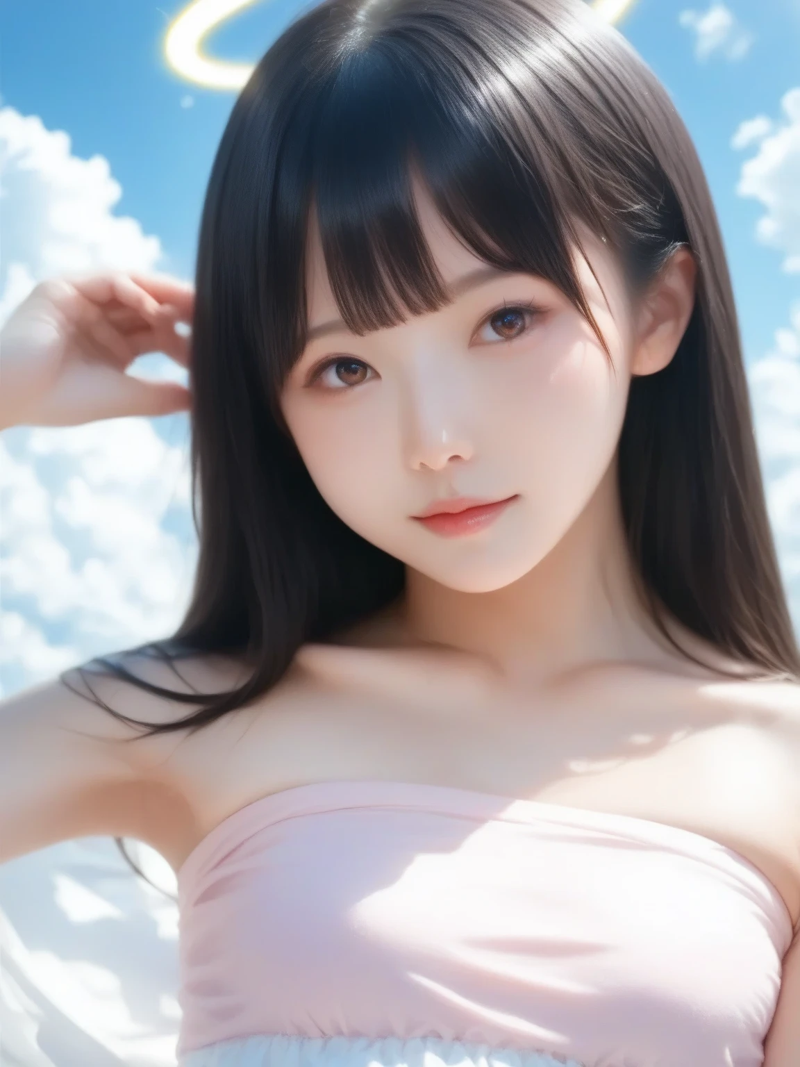 32K、Ultra HD、highest quality、masterpiece、(Beautiful photorealistic、High resolution)、、Fantasy、A magnificent composition、(Above the Clouds:1.23)、(Futuristic city in the sky)、(shoot from above:1.15)、One girl、(12 years old)、(Face shot close up:1.2)、(slim、slender、Small breasts:1.3)、(Beautiful girl, cute:1.3)、(Crazy long hair fluttering in the wind:1.3)、(wedding dress)、tiara