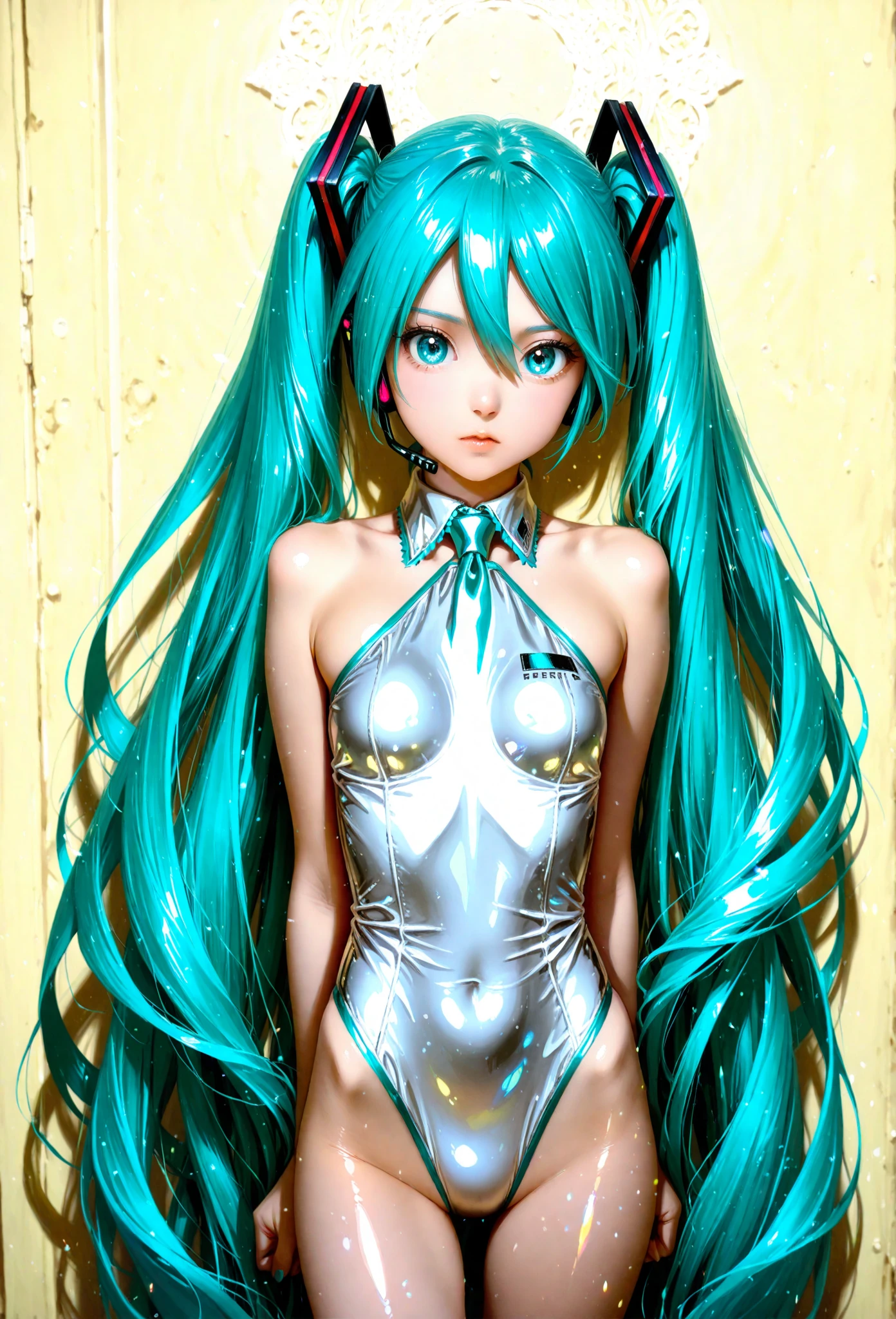 hatsune miku, 1girl, solo, long hair, breasts, looking at viewer, smile, simple background, thighhighs, white background, twintails, standing, swimsuit, full body, small breasts, boots, aqua eyes, hand on hip, one-piece swimsuit, aqua hair, skindentation, thigh boots, highleg, competition swimsuit, highleg swimsuitclosed eyes, tears in eyes, open mouth, saliva residue, wet skirt hem, sticky panties, bulging vibrator cord, vibrator with garters, visible pussy, visible vaginal opening, visible vagina, visible vulva
