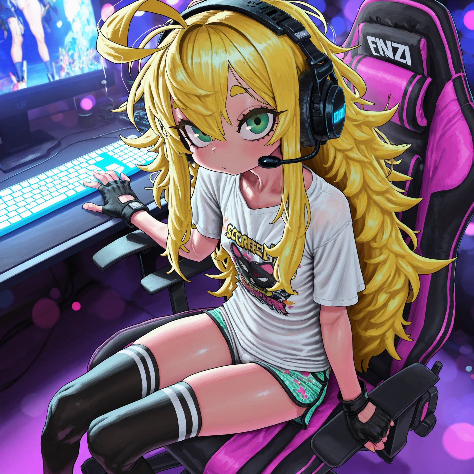 Masterpiece, best quality 、{best quality}, {very aesthetic}, {ultra-detailed}, {best illustration}, (artist:source_cartoon eigaka, whnzz, jonpei, pija, Fiz-rot Style, zunta) realistic, newest, explicit, score_9, score_8_up, score_7_up, source_anime, best quality, amazing quality, very aesthetbest quality, amazing quality, very aesthetic, absurdresbest quality, masterpiece, BREAK dynamic angle (masterpiece, best quality, high quality, good quality) dynamic angle:1.2), volumetric ligthing, bokeh, (masterpiece, high quality:1.2), best quality, score_9, score_8_up, score_7_up, detailed, 1girl, solo, long hair, messy hair, left side facing thin ahoge, sidelocks, green eyes, blonde hair, thin thighs, petite, small budding breasts0.5 BREAK, detailed background, looking at viewer, gamer outfit, oversized headset, graphic t-shirt, pajama shorts, knee-high socks, fingerless gloves, desk chair, glowing keyboard, sitting on gaming chair.