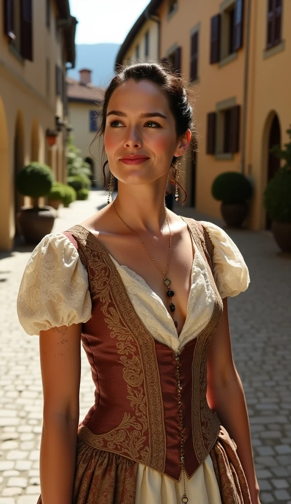 fashion photoshot, beautiful woman wearing 18th century outfit, posing, upclose portrait, bored face expression, muscular, hourglass body, fashionable, detailed, deep photo, raw photo, film grain, professional photo, vintage instagram LUT