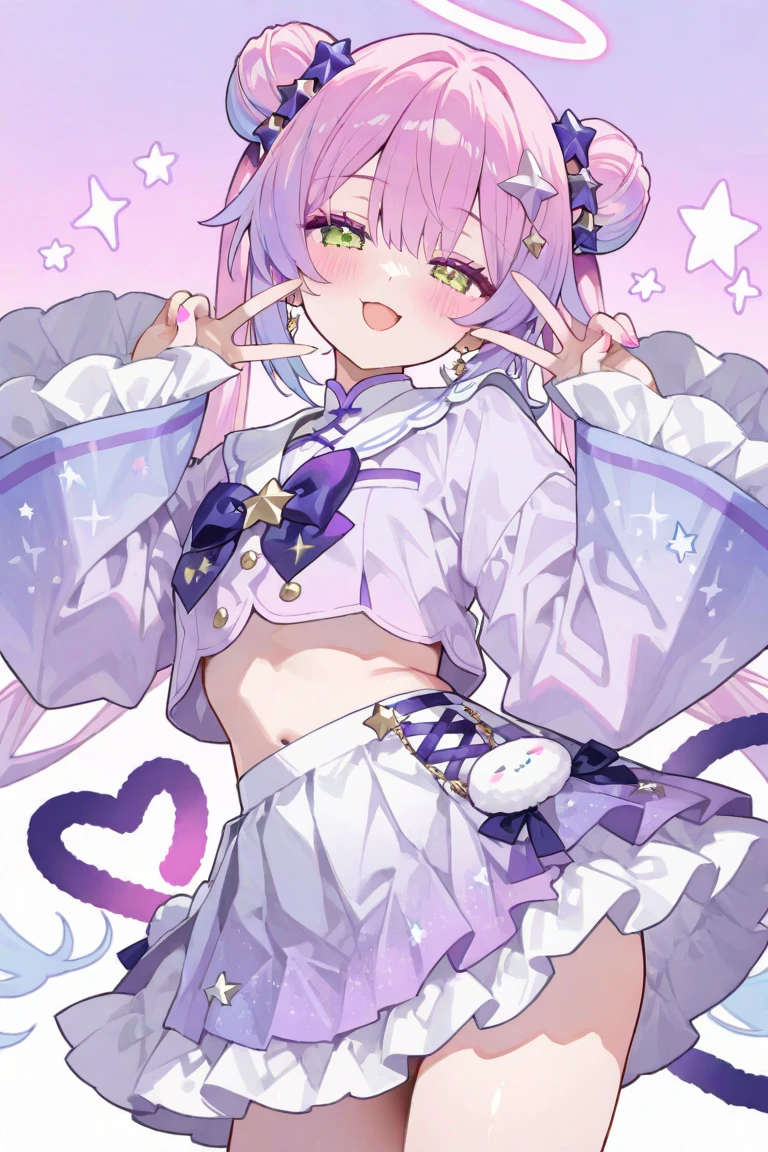 独奏,Whole body、Young face、long silver Hair、long Twin tails、Spoiled brat、Immature body、（Small breasts）、smile、（Thick thighs:1.5)、Backwards、looking at viewer、Open mouth、double teeth、fang、blushing and sticking out her cute tongue, tongue out、sensational、Back view, Character portrait, whole body、little demon's horns and a tail、big Buttocks、（wearing a Magical girl costume）、Night view、tongue out, sexy white panties、Sexy Lingeries、Shy face、pink tattoo on her abdomen、Seduce、（on a bed）、Cowboy Shot、On all four、 (looking back over their shoulder), frill