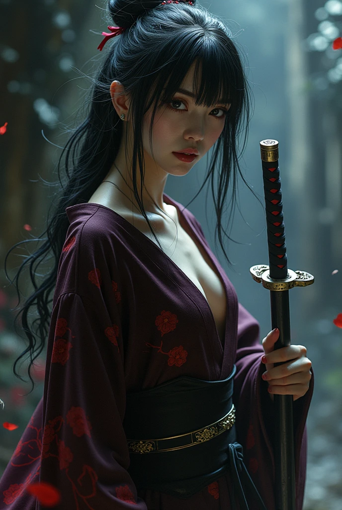 high quality fingers, normal hands, detailed fingers, masterpiece, (realistic, photo-realistic: 1.37), realistic, 1girl, long hair:1.5, black hair:1.2, red eyes:1.5, bright eyes, mortal kombat, ninja, weapons, kimono, dress,, large breasts, serene look, temple, meditation, ninja mask, cover half of face, demonic mask, reflection, moonlight, moon, cherry blossom, swords