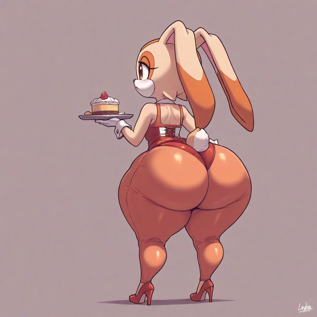 Cream the rabbit, loli, 6 year old girl, (very obese), (very fat face), (double chin), very big belly, wide hips, very big butt, white bra and panties, sitting, eating cake, gluttony, surrounded by cake, messy face, dreamy smile, side view