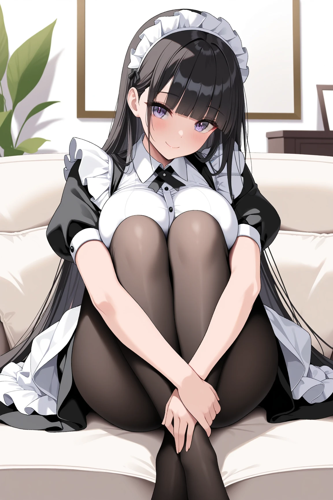 (highest quality), (masterpiece), 1080P, HD, 4K, 8K, Strap at thigh, Photographed from directly below, Are standing, close legs, exposing nipples, white sweat, covered in , sweaty, Woman looking down, Maid clothes, white panties, long sleeve, thigh high socks, notice this, 16 years old, Medium chest, whole body, black leather shoes, braided hair, ear hair, inner color, embarrassed face, black hair short, bracelet, train