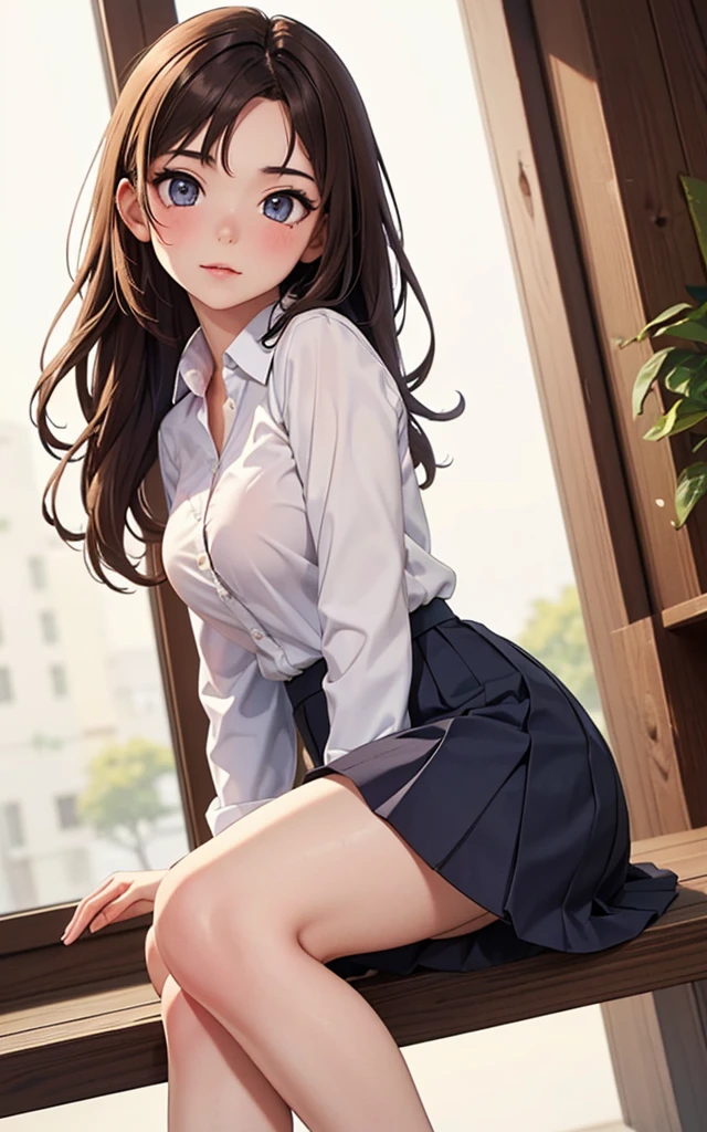 (Tabletop: 1.3), (Maximum resolution: 1.2), (Ultra HD TV: 1.2), Cinematic light, Ultra HD TV, (Fine grain and skin), (Detailed facial features), Hmph, 8K resolution, Sharp focus: 1.2, Perfect Style, Beautiful Face, Acura, Anatomically correct, Highly detailed face and skin texture, Fine grain, Brown eyes, double eyelid, Thin eyebrows, Glitter Eyeliner: 1.2, Natural Cheeks, Shiny skin, Fair skin: 1.2, Shiny little necklace and earrings, (Glossy Lips: 1.4), 
View from a first-person perspective, High Cut , (Embarrassing:1.2), (blush:1.2), Pure and cute girl, (High ponytail, Wavy Hair, Light brown hair, Diagonal bangs), Medium Long Hair, 
break
(Full Body Shot: 1.2), (From below:1.3), (Focus on the legs), ((Very close relationship: 1.2)), (Medium large breasts:1.1), ((Sit on a school chair with your legs closed)), ((A pose with her skirt slightly lifted up, showing off a little panties:1.2)), 
(((In the classroom: 1.2)),  (Looking up at the viewer:1.2)), ((Many other students&#39; backgrounds:1.4)),