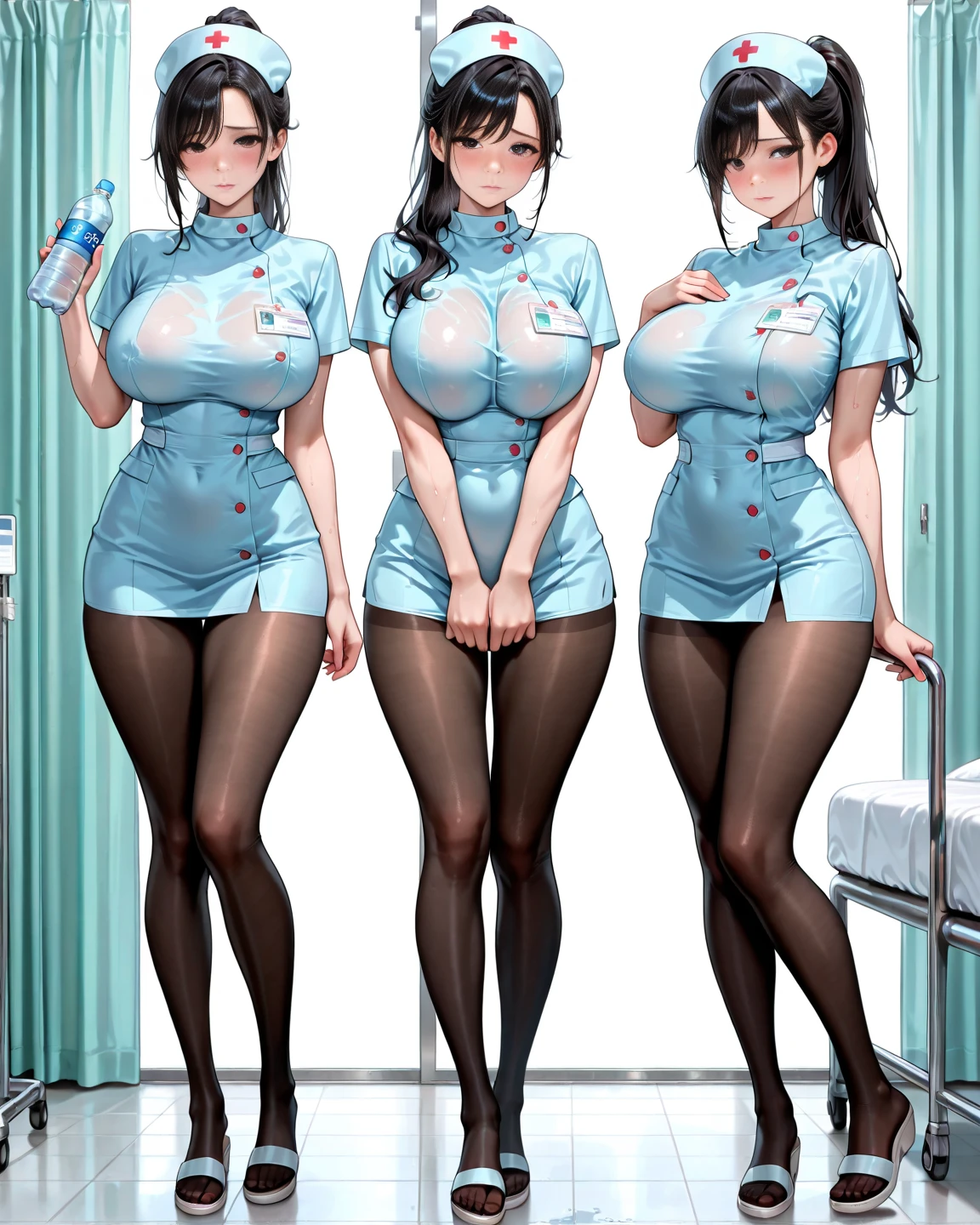 full bodyesbian，Three beauties，Stand in a row，One-piece tights，Conjoinment，Blue latex set，Standing on the ground，huge tit，Slim，long leges，Stand up straight，nothing background，Slim，extra long leg，Exhibited，Mannequin，