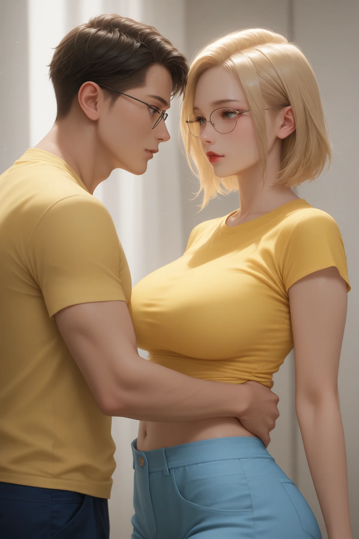 ((Kiernan shipka)), girl wearing hoop earings, big breasts, shorts, and blouse is kissing korean boy, cute, badboy, cabin in the woods, photorealistic, Indirect lighting, volumetric light, ray tracing, hyper-detailed, best quality, ultra-high resolution, HDR, 8k.