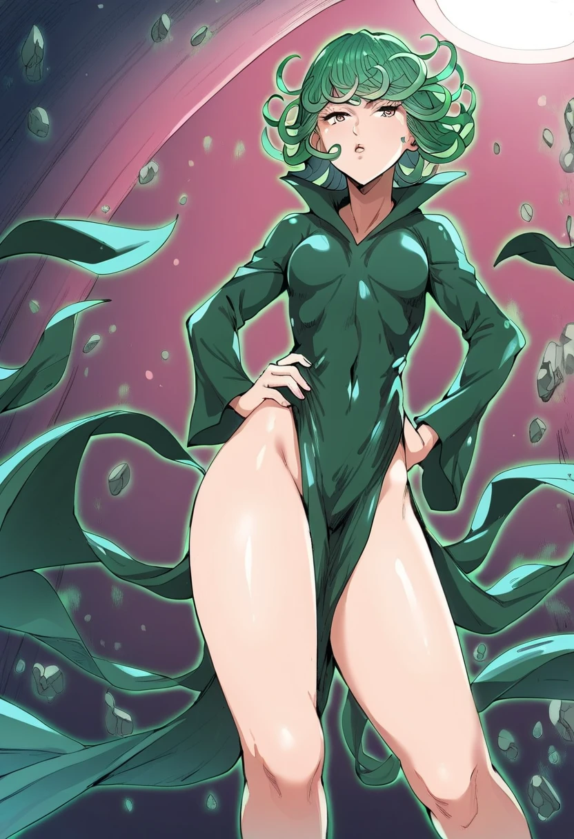 score_9,score_8_up,score_7_up,score_9,score_8_up,score_8,ultra detailed,beautiful face,beautiful hands,detailed background,detailed face,4k,HD,8k,highres,antialiasing,detailed,Tatsumaki,1girl,solo,looking at viewer,smile ,smug smile, black hair,medium breasts, green eyes,grin,black leotard,bodysuit,covered navel, cowboy shot,room,room background, squatting, inflatable body, inflatable skin, latex skin, shiny skin, rubber skin, plastic skin, inflatable hair, plastic hair, shiny hair, rubber hair, latex hair, futanari, horse cock futanari, horsecock, cum dripping from tip of cock into condom, cumming into condom, cumming, comdon filling, grabbing own cock, huge condom, condom balloon, transparent green condom full of cum, whole character in view, hard nipples, green latex thigh-highs, platform heels, extra tall platform heels, green latex elbow gloves, looking down on viewer, view from below, blushing, enormous horse cock, dildo riding, dildo squatting, anal
