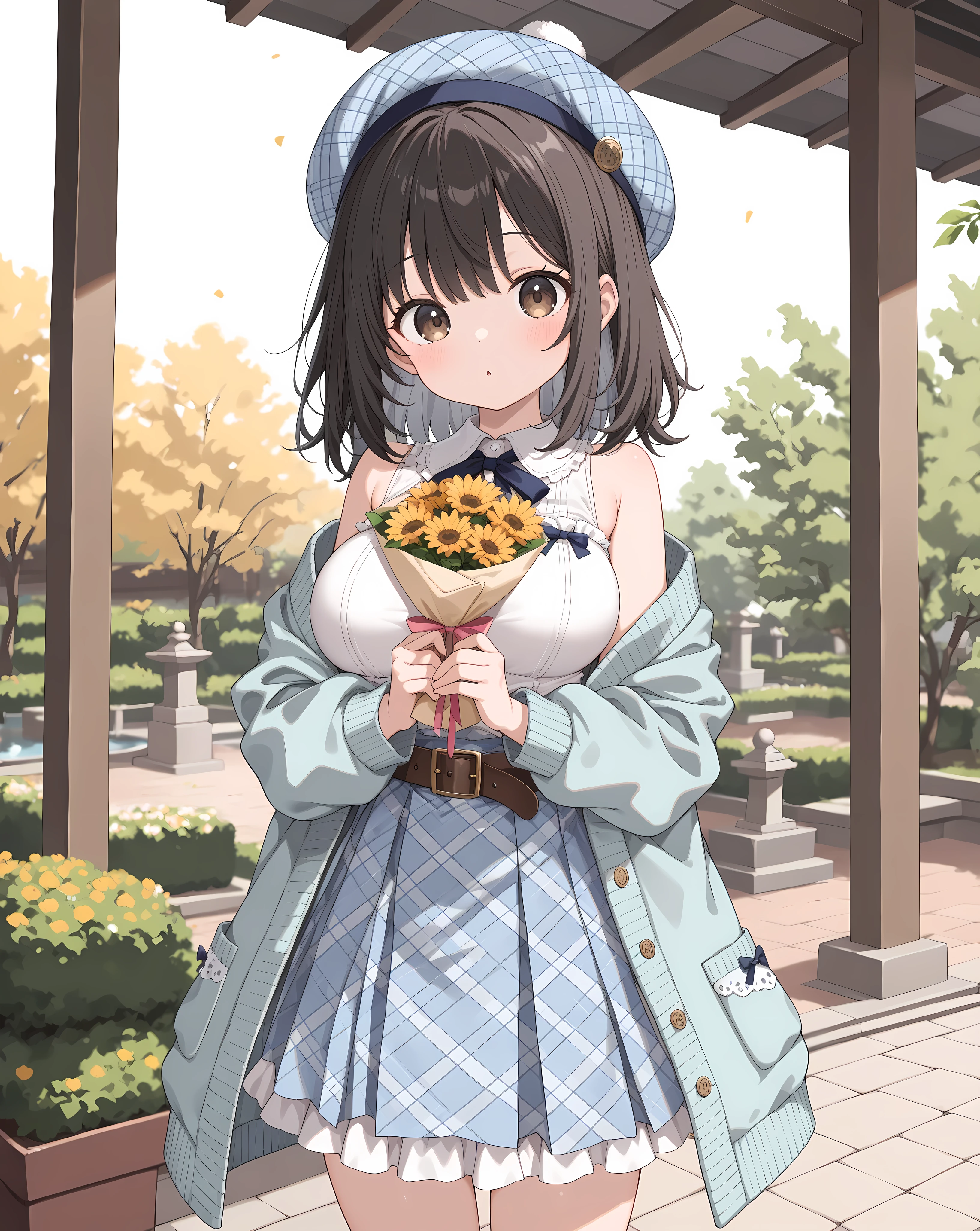 1female, teacher, wearing a purple and blue striped shirt, bootyshorts, Thicc, big breast, brown hair, short hair, light purple eyes, face to detail, propeller hat, detailed eyes, the background is a pizzaria, smiling, holding a red and yellow striped balloon,
