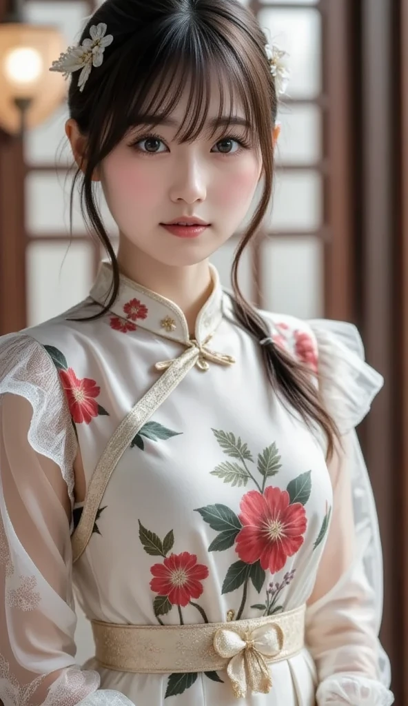 nikon RAW photo,8k,Fujifilm XT3,masterpiece,best quality,realistic,photorealistic,ultra detailed,extremely detailed face,cinematic lighting,cafe,gril,1girl,solo,full body,earrings,medium breasts,dynamic pose,happy,Surrounded by red flowers,(flower:1.2),Rich details,Viewing Girls through Objects,white QIPAO,<lora:qipao_lora:0.3>,smile,