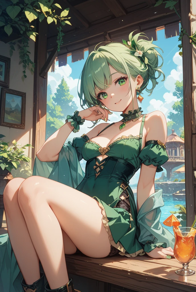 A girl, ((onion style onion)), ((onion hair)), green eyes, white dress, ((dress onion features)), short hair, serious face, full body, sexy, big thighs, big tits
