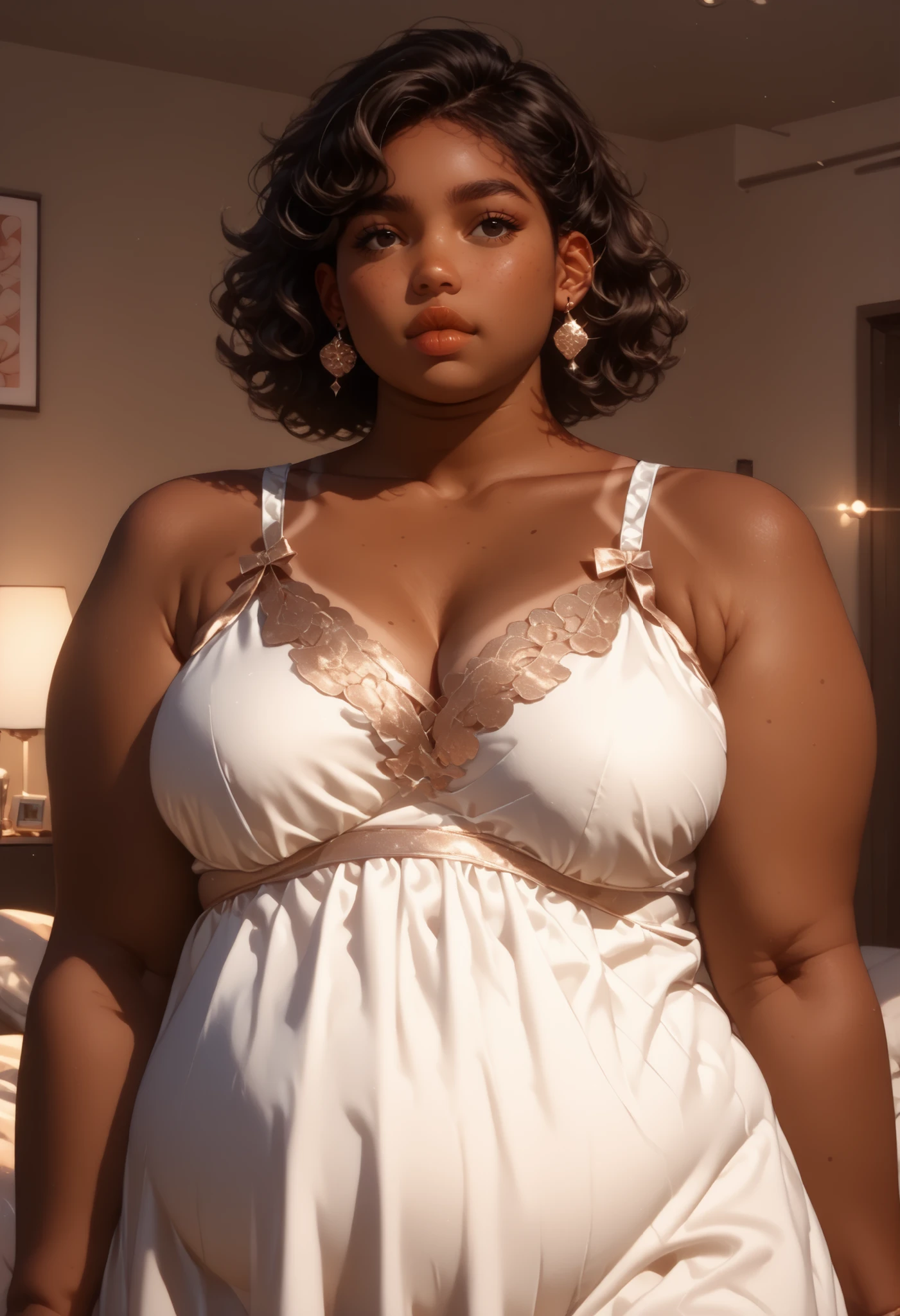 Anime illustration semi-realism of large chubby fat feminine woman, (((chubby))), (((fat))), (((plus sized))), (((chubby face))), (((fat face))), short neck, (((brown skin))), (((brown skinned))), (((dark skin))), (((tanned))), (((tan skin))), (((medium breasts))), (((medium chest))), full big lips, anime, dark black eyes, curly shoulder-long sideswept black hair, sleek design, soft round feminine facial features, wearing a sleeveless white nightgown, standing in a bedroom at night, dynamic light,