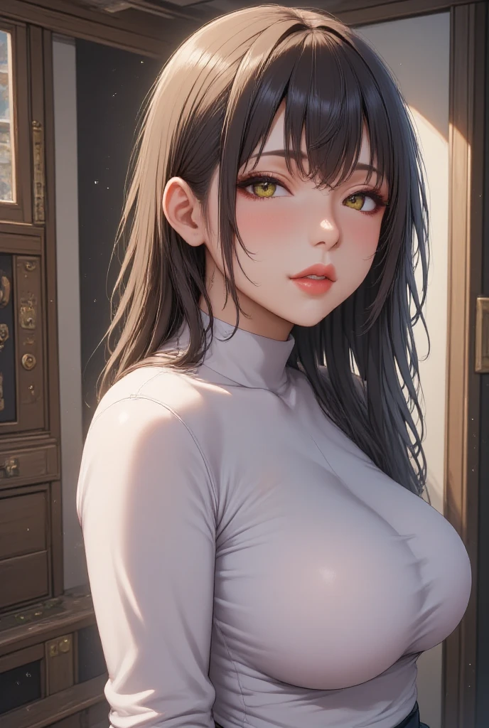 masterpiece, best quality, (1 solo mature woman with brown ponytail), large chest, curvy physique, aqua green eyes, full lips, seductive, smiling, (((wearing navy blue low open sweater))), (((tight jeans))) cleavage, sitting on bed, blushing, (wide hips), (big boobs) showing cleavage, blue sweater, solo, alone (((SOLO))), (((ALONE))),, (bedroom)