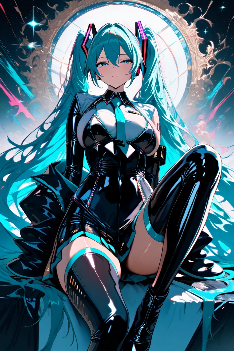 Meisterwerk, miku, naked girl, Absolut langes Haar, hochdetailliert, shiny skin, , Busen, cute evil face, highreg, Nackt, Lichteffekt, 8 TAUSEND, UHF, Venus body, Ist, nipples, pussy shaved, nude pussy exposed, hentai, completely naked, no clothing