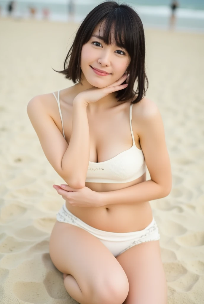 8k, (best quality), (masterpiece), full body, very detailed, high resolution, 8k, thin lips, detailed face, cute Japanese woman, cute 24 year old beauty, beautiful and graceful face, Cute face, natural bangs, arched eyebrows, well-groomed eyebrows, (big eyes with balanced left and right sides), cute eyes, beautiful eyes, beautiful thin nose, beautiful face line, (beautiful skin), medium bob hair, natural bangs, Slim face, slim figure, (looking at the camera with a gentle smile), lighting on the face, bright lighting, professional lighting, forward lighting, a swimsuit that looks like underwear, beautiful legs, smooth skin, slim and beautiful thighs, ((wearing a random color ultra micro bikini with lace)), a summer morning, (light shining on my face), 1 girl, cute and sexy slim 24 year old woman, fair skin, (cute smile), pure white beautiful sand, tropical beach, beautiful back view, beautiful back, pose sit and look back, side tie panties, bright outdoors, medium breasts, side breasts,  Pose looking back to the side,