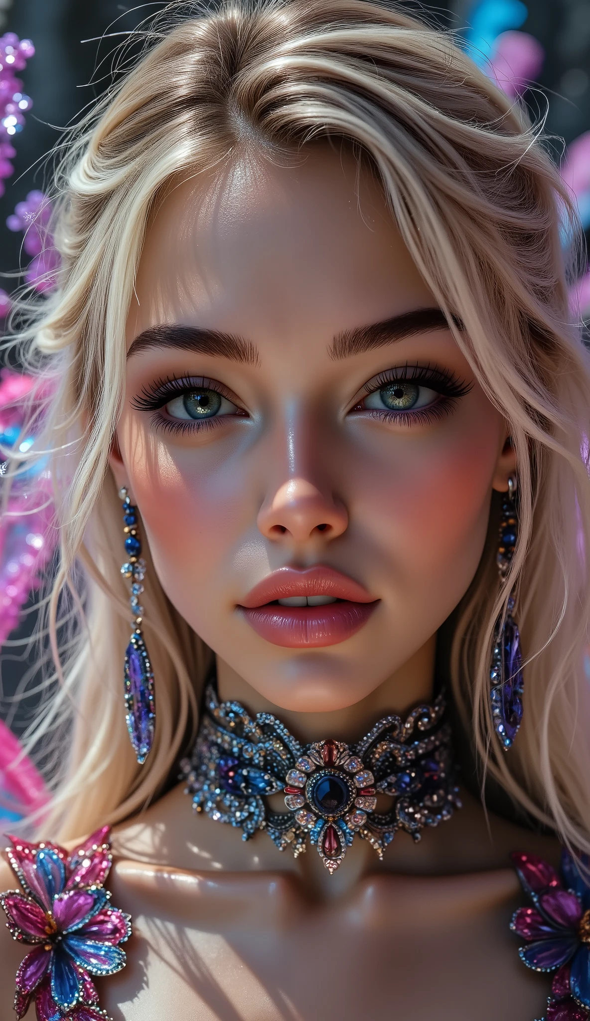 [Style: "masterpiece, realistic, (photo realistic Realism), ultra-detailed, Hyper high resolution"] (Key Directive: - ("The priority is the anatomical accuracy and texture of the materials" - "Ultra-sharp human eyes with biological accuracy"), (ultra realistic texture details: velvety skin, hair), professional photography, (anatomically correct), (perfect female body:1.4), fashion model, ((best highest detailed realistic dark brown_eyes:1.3)), ((super realistic sharp-eyes:1.2)), a fairytale-like picture , beautiful princess님, full body photo, A well-drawn fairy tale, beautiful princess, , a fairytale-like picture , Detailed description, A well-drawn fairy tale, Vivid expression , Detailed facial features, Luxurious Outfit, colorful jewelry, graceful posture, Fantastic Backgrounds, magical atmosphere, Sophisticated contrast treatment, Detailed texture expression, Precision drawn with expert craftsmanship, Vibrant colors, Detailed texture expression,(big full breasts:1.22), (looking at viewer), upper body shot, (cowboy shot:1.6) (Rendering engine: "Unreal Engine 5 path tracing, 16K texture maps") ("Priority is anatomical accuracy and material texture") (front view,pov full body front shot),from above "