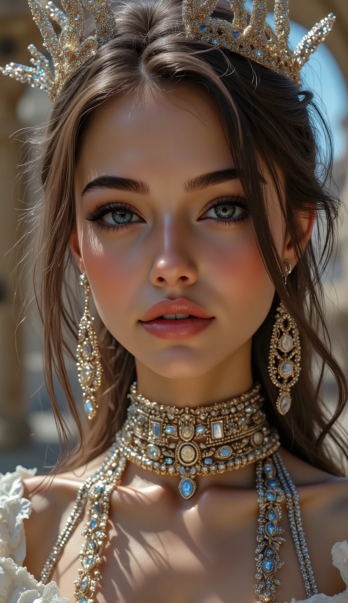 [Style: "masterpiece, realistic, (photo realistic Realism), ultra-detailed, Hyper high resolution"] (Key Directive: - ("The priority is the anatomical accuracy and texture of the materials" - "Ultra-sharp human eyes with biological accuracy"), (ultra realistic texture details: velvety skin, hair), professional photography, (anatomically correct), (perfect female body:1.4), fashion model, ((best highest detailed realistic dark brown_eyes:1.3)), ((super realistic sharp-eyes:1.2)), a fairytale-like picture , beautiful princess님, full body photo, A well-drawn fairy tale, beautiful princess, , a fairytale-like picture , Detailed description, A well-drawn fairy tale, Vivid expression , Detailed facial features, Luxurious Outfit, colorful jewelry, graceful posture, Fantastic Backgrounds, magical atmosphere, Sophisticated contrast treatment, Detailed texture expression, Precision drawn with expert craftsmanship, Vibrant colors, Detailed texture expression,(big full breasts:1.22), (looking at viewer), upper body shot, (cowboy shot:1.6) (Rendering engine: "Unreal Engine 5 path tracing, 16K texture maps") ("Priority is anatomical accuracy and material texture") (front view,pov full body front shot),from above "