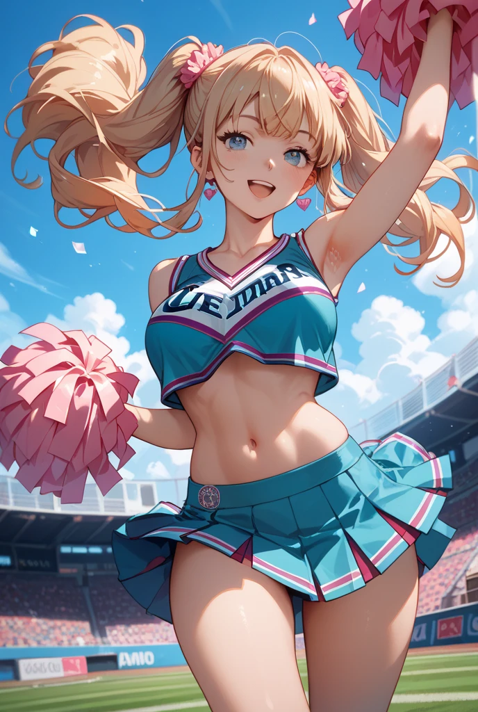 Cheerleader girl,One girl,cute,A big smile,Mouth wide open,I'm rooting for you,Twin tails,Two Side Up,hair_Money,eye_green,Costume_green,blush,Cheerleader pom-poms in hand