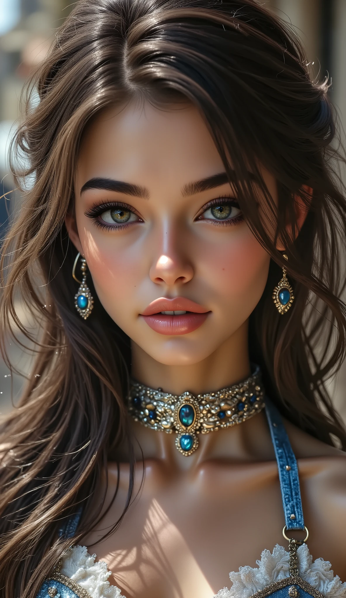  [Style: "masterpiece, realistic, (photo realistic Realism), ultra-detailed, Hyper high resolution"] (Key Directive: - ("The priority is the anatomical accuracy and texture of the materials" - "Ultra-sharp human eyes with biological accuracy"), (ultra realistic texture details: velvety skin, hair), professional photography, (anatomically correct), (perfect female body:1.4), fashion model, ((best highest detailed realistic dark brown_eyes:1.3)), ((super realistic sharp-eyes:1.2)), a fairytale-like picture , beautiful princess님, full body photo, A well-drawn fairy tale, beautiful princess, , a fairytale-like picture , Detailed description, A well-drawn fairy tale, Vivid expression , Detailed facial features, Luxurious Outfit, colorful jewelry, graceful posture, Fantastic Backgrounds, magical atmosphere, Sophisticated contrast treatment, Detailed texture expression, Precision drawn with expert craftsmanship, Vibrant colors, Detailed texture expression,(big full breasts:1.22), (looking at viewer), upper body shot, (cowboy shot:1.6) (Rendering engine: "Unreal Engine 5 path tracing, 16K texture maps") ("Priority is anatomical accuracy and material texture") (front view,pov full body front shot),from above "