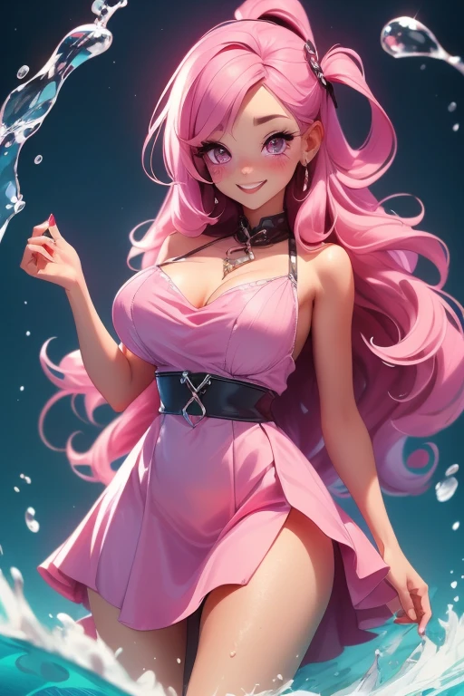 ((top-quality, 8K)), (Realistic), (Face Focus: 1.1), (White and pink: 1.3), woman, (milf), (sexy body), (huge breasts), long-hair, Body from the waist up, Hair fluttering in the wind, Facing to the side, Look up at your face, Eyes closed, (Sleeveless: 1.1), Skirt, Countless soap bubbles,