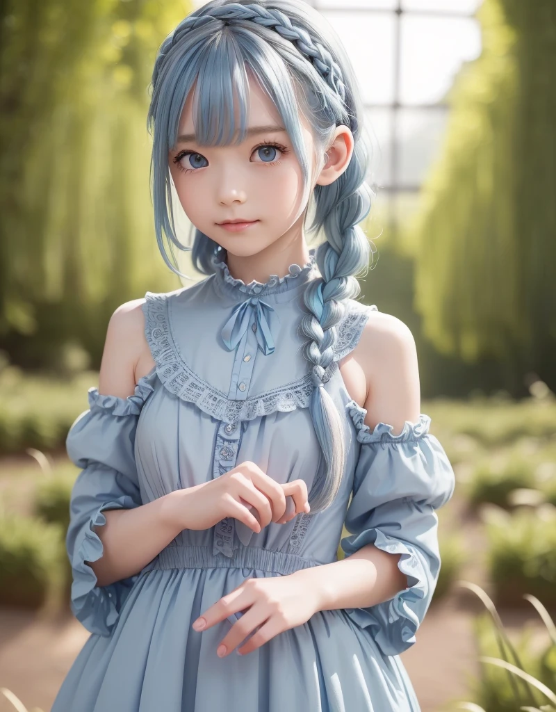 realistic, anime screencap, breasts, view straight on, standing, petite, a cute girl, small breasts, bangs, hair pulled back, floating hair, sidelocks, pale blue hair, two-tone hair, flowing hair, flat chest, bright skin, ribbon, necklace, ring, cardigan, white shirt, collarbones, outdoors, blue sky, 8k resolution