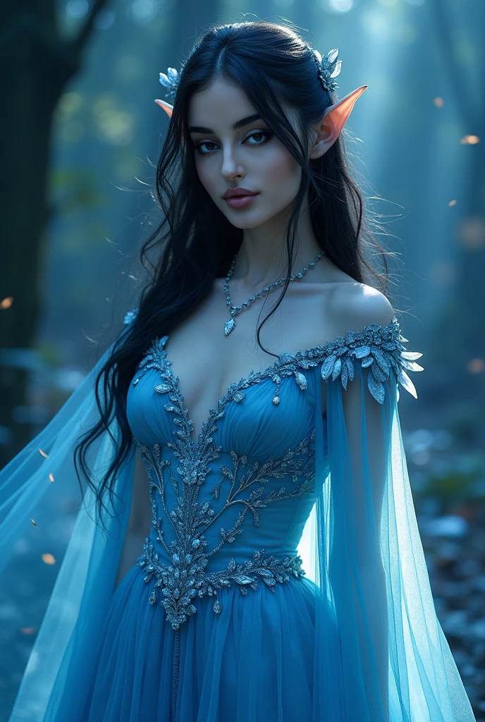 ARWEN (( THE LORD OF THE RINGS)), BEAUTIFUL BLACK HAIR WOMAN, HUGE LONG BLACK HAIR, VOLUMOUS HAIR, BRAIDED HAIR, EXPOSED TIP EARS, VERY PALE SKIN, TURCOISE BLUE EYES, EXPRESSIVE TURCOISE EYES, LOVELY FACE EXPRESSION, GORGEOUS LIPIS, SOFT LIPSTICK, ROSY CHEEKS, HIGH CHEEKBONES, MENTAL FORAMEN, STRAPLESS CLEAVAGE, FRONTAL ANGLE SHOT, LONG VICTORIAN DRESS, SILVER BRACELETS, SILVER CHOKE COLAR, FULL BODY PERSPECTIVE, DEEP FORREST BACKGROUND, DAYLIGHTS, STRONG BACKLIGHTS, SUN, MASTERPIECE