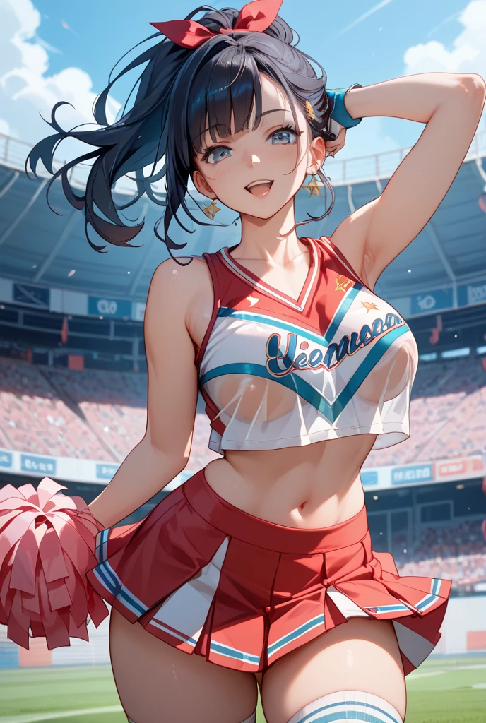 American shot, high quality, beautiful women with slim builds, current cheerleader style, very young woman, wearing a very short miniskirt half the length of normal, bikini under her clothes, sports top uncovered in the center, thigh-high stockings, intricate details, rear left side solar lighting