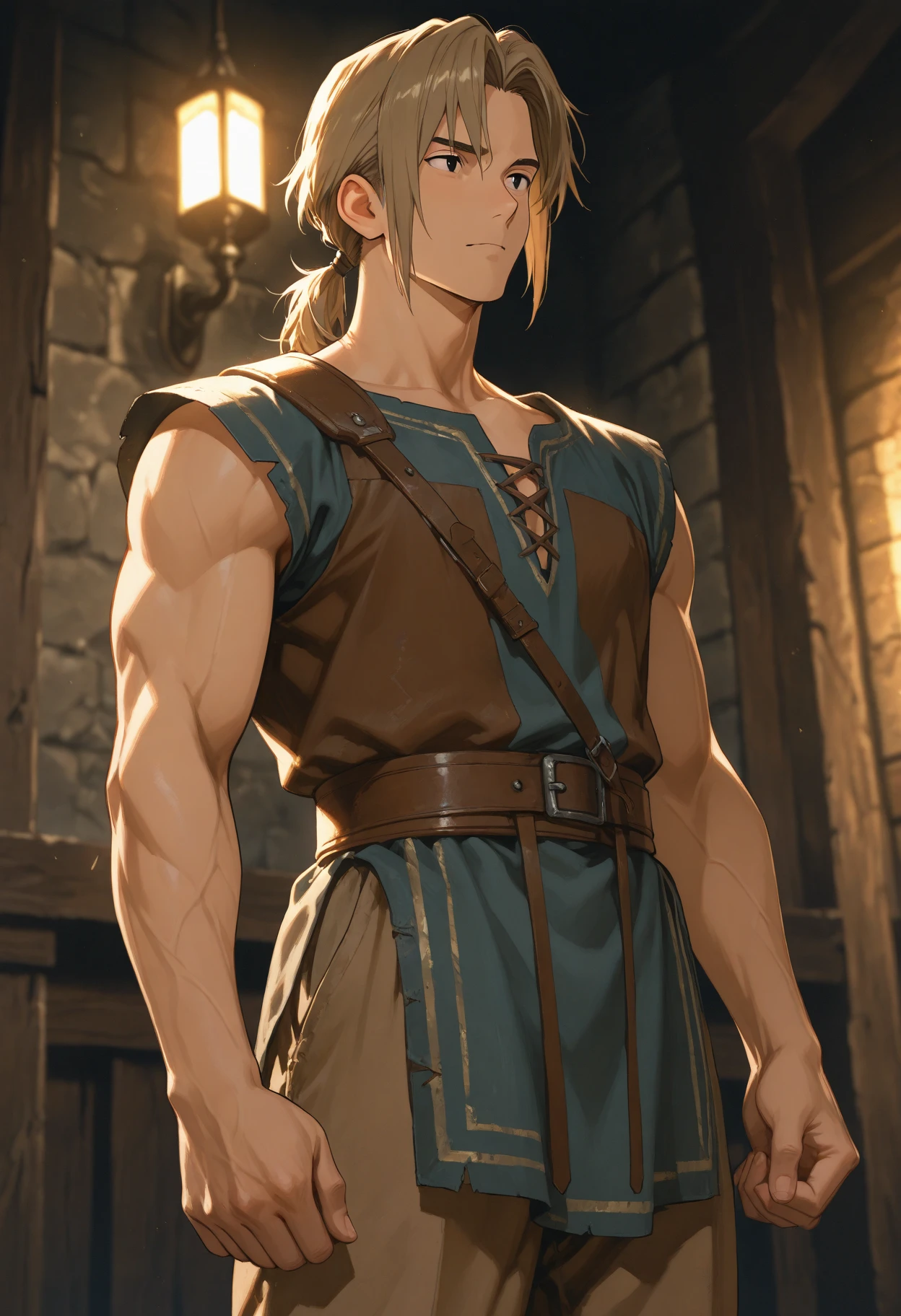 score_9, score_8_up, score_8, (((Single character image.))) (((1boy))) (((Dressed in medieval fantasy attire.))) (((This male character is sexy and virile.))) Generate a powerful male warrior for a fantasy setting. He looks like Adam Senn re-imagined as a powerful fantasy character.. He should look the part of a powerful, sexy hero who is an epic and powerful fantasy character. The background to the image is a dark and erotic dungeon.
