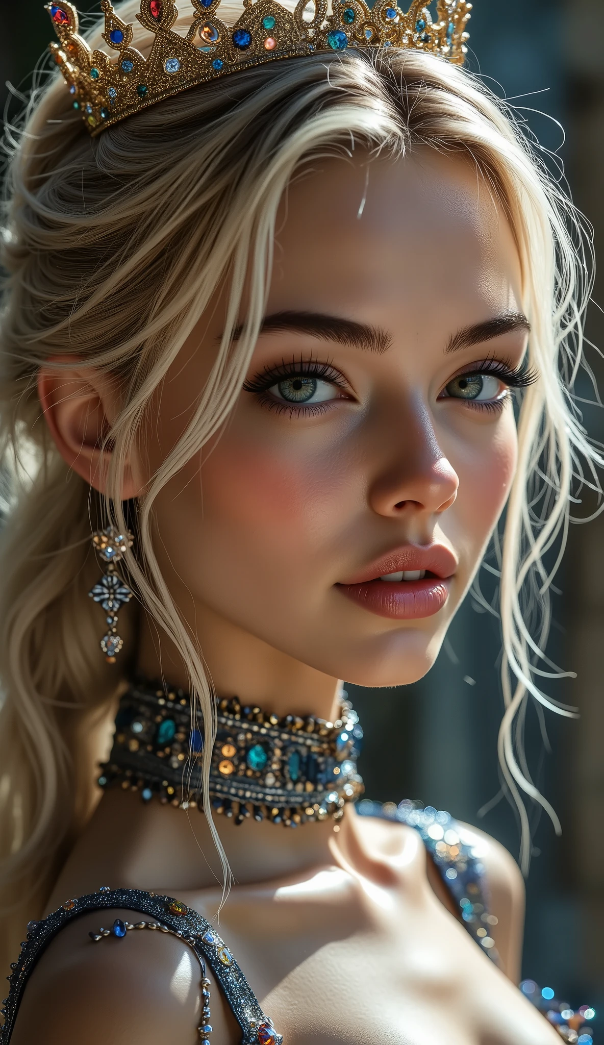 [Style: "masterpiece, realistic, (photo realistic Realism), ultra-detailed, Hyper high resolution"] (Key Directive: - ("The priority is the anatomical accuracy and texture of the materials" - "Ultra-sharp human eyes with biological accuracy"), (ultra realistic texture details: velvety skin, hair), professional photography, (anatomically correct), (perfect female body:1.4), fashion model, ((best highest detailed realistic dark brown_eyes:1.3)), ((super realistic sharp-eyes:1.2)), a fairytale-like picture , beautiful princess님, full body photo, A well-drawn fairy tale, beautiful princess, , a fairytale-like picture , Detailed description, A well-drawn fairy tale, Vivid expression , Detailed facial features, Luxurious Outfit, colorful jewelry, graceful posture, Fantastic Backgrounds, magical atmosphere, Sophisticated contrast treatment, Detailed texture expression, Precision drawn with expert craftsmanship, Vibrant colors, Detailed texture expression,(big full breasts:1.22), (looking at viewer), upper body shot, (cowboy shot:1.6) (Rendering engine: "Unreal Engine 5 path tracing, 16K texture maps") ("Priority is anatomical accuracy and material texture") (front view,pov full body front shot),from above "