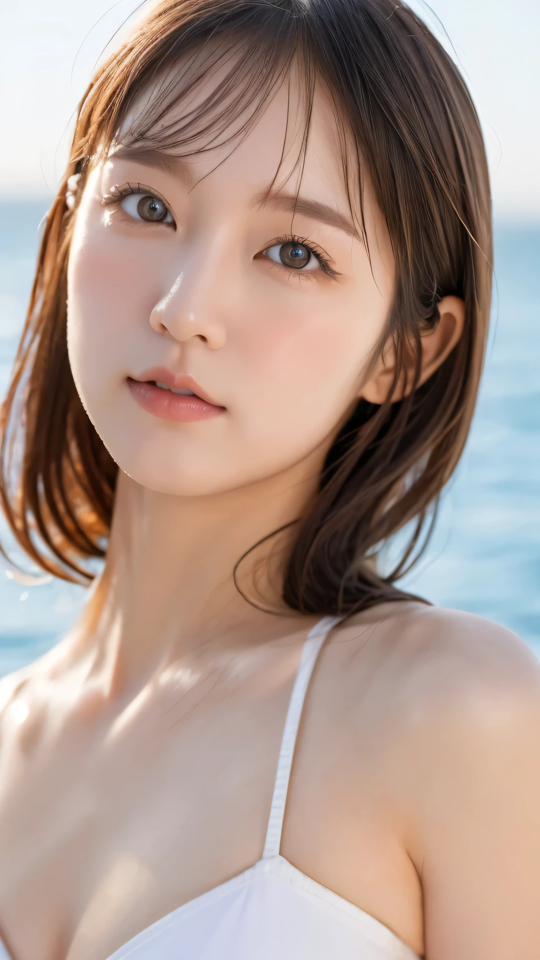 (masutepiece, Best Quality:1.3), 8K, Official art, Raw photo, absurderes, Delicate girl, (close up, Cute face:1.2), Blue bikini, Cinch West, Small breasts, Bangs, violaceaess, gardeniass, (Solo, Beach, Horizon, Beautiful sea, skyporn, A clear day:0.8), (Simple background:1.4), (Bokeh background:1.3), face lights, Teen, Looking at Viewer, thin arm, Film grain, chromatic abberation, Sharp Focus, Dynamic lighting, (Detailed face:1.2), (Smile:0.3)