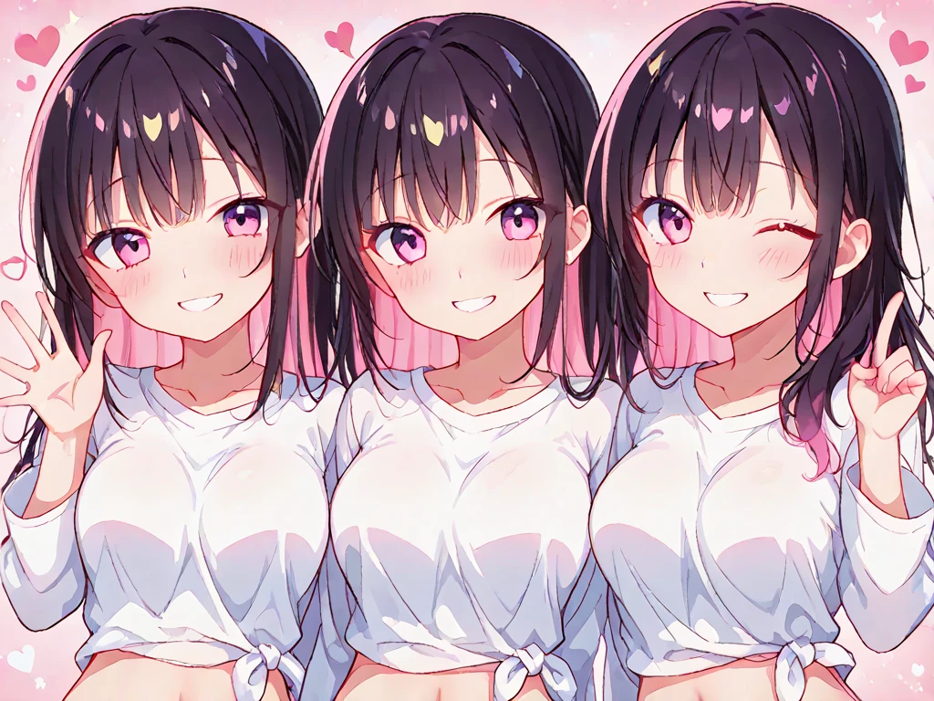 highest quality、High resolution、detailed background、beautiful and detailed face、beautiful and smooth skin、skin texture、(two beautiful teenage girls:1.5)、(huge breasts:1.3)、black hair braid twintails、perfect body line、Pastel floral embroidered shorts、pastel colored floral embroidery bra、Change clothes in the classroom、
The pose of folding your hands to form a heart also has the effect of hiding your chest..、This pose can emphasize cuteness and loveliness、emphasize the chest、emphasize cleavage、He looks at me playfully and happily..、sexual expression、cute